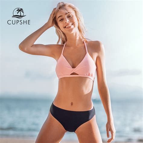 Cupshe Textured Pink And Navy Halter Bikini Sets Sexy V Neck Cut Out Swimsuit Two Pieces