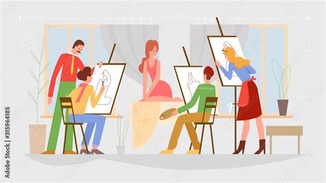 Art Class Drawing Lesson Vector Illustration Model And Artists