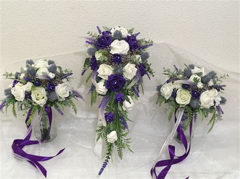 Scottish Thistle Purple And Ivory Bridal And Bridesmaids Bouquets