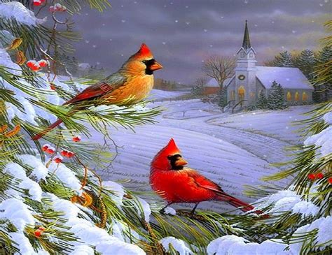 Pine Trees With Cabin In Winter Paintings Cardinals In Winter