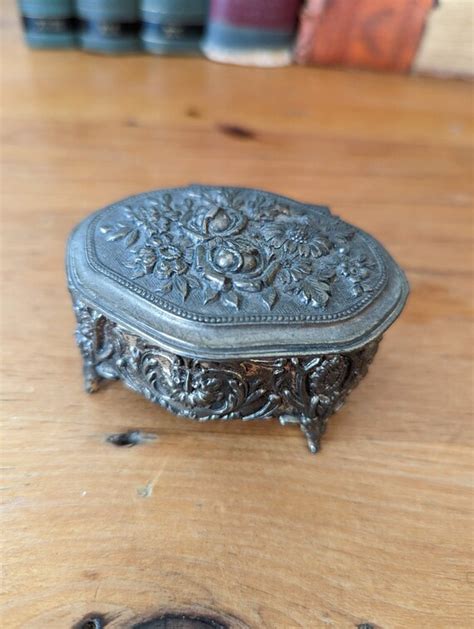 Vintage Ornate Footed Silver Metal Jewelry Box With R Gem