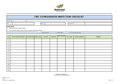 Fire Extinguishers Inspection Checklist Project Title Month