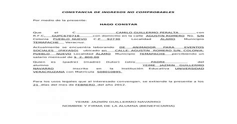 Constancia De Ingresos No Comprobables Docx Document