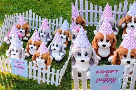 Several Stuffed Dogs Wearing Birthday Hats And Sitting In Front Of A