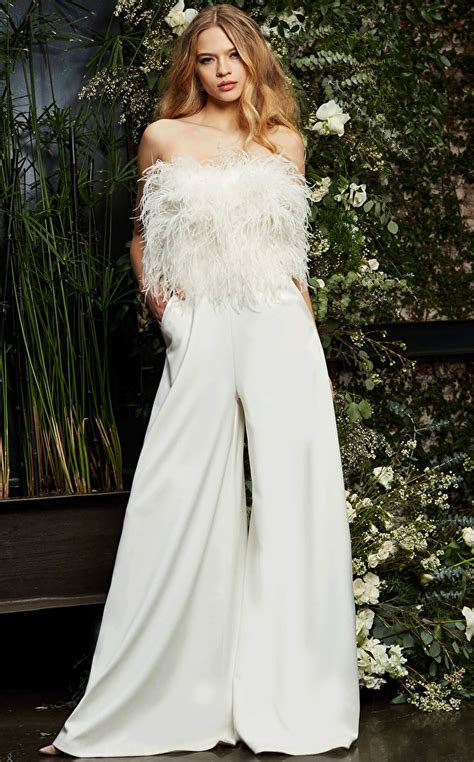 jovani bridal 1542 white strapless feather jumpsuit
