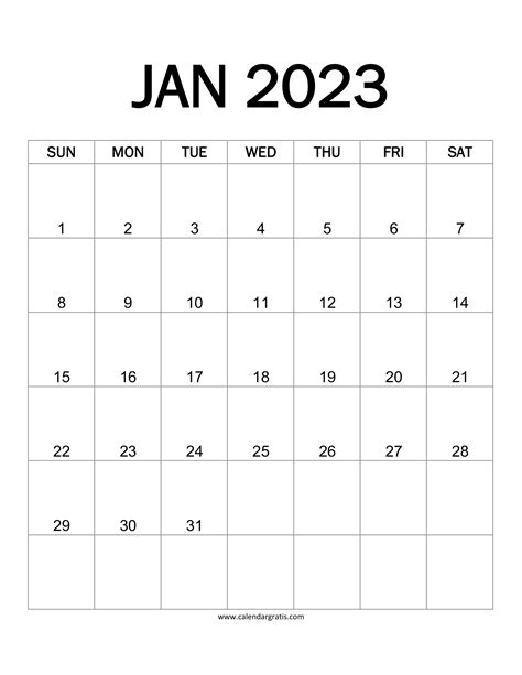 Printable January 2023 Calendar Template Portrait Monthly Calendars