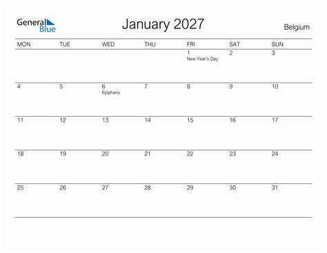 Printable January 2027 Monthly Calendar With Holidays For Belgium
