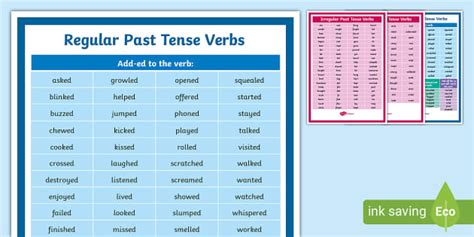 Past Tense Regular Irregular Verbs List Printable Resource