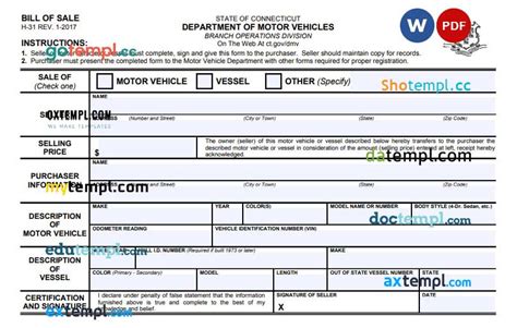 Connecticut Vehicle Vessel Bill Of Sale Form Template Fully Editable
