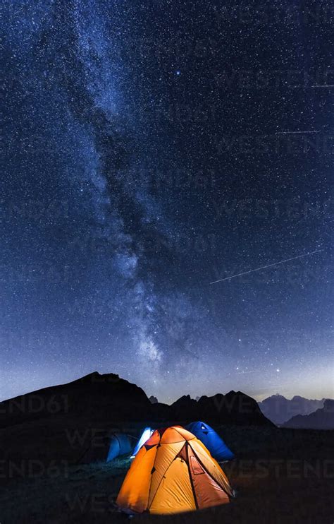 Italy Dolomites Milky Way Over Monte Pelmo With Tents Of Camp In The