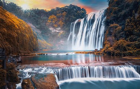 Wallpaper Rocks Dawn Waterfall China Huangguoshu Waterfall Guizhou