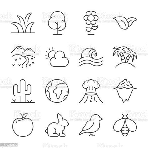 Nature Icons Set Natural Phenomena Terrain Plants And Animals Linear