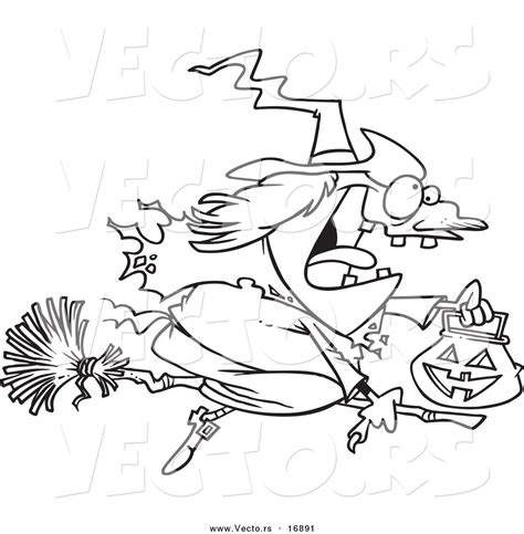 Vector Of A Cartoon Halloween Witch Flying On Her Broom Coloring Page Outline By Ron Leishman