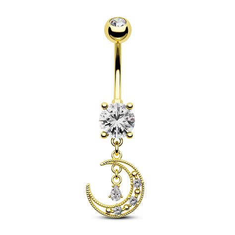 14g Cz Gemstone Gold Moon Dangle Belly Button Rings Oufer Body Jewelry
