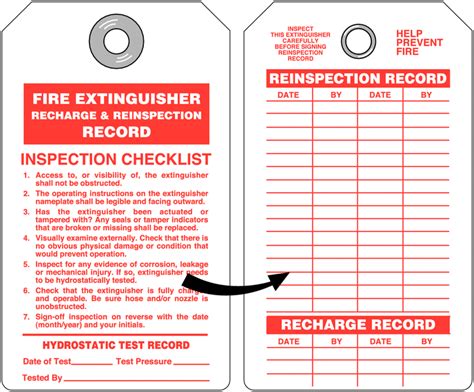 A fire extinguisher checklist is a tool used by safety officers and facility managers when conducting scheduled fire extinguisher inspections. Fire Extinguisher Recharge and Re-inspection Tag with ...