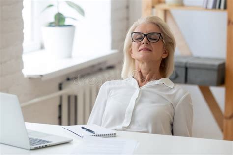 Calm Aged Woman Relax In Chair With Eyes Closed Stock Image Image Of Female Distracted 157927689