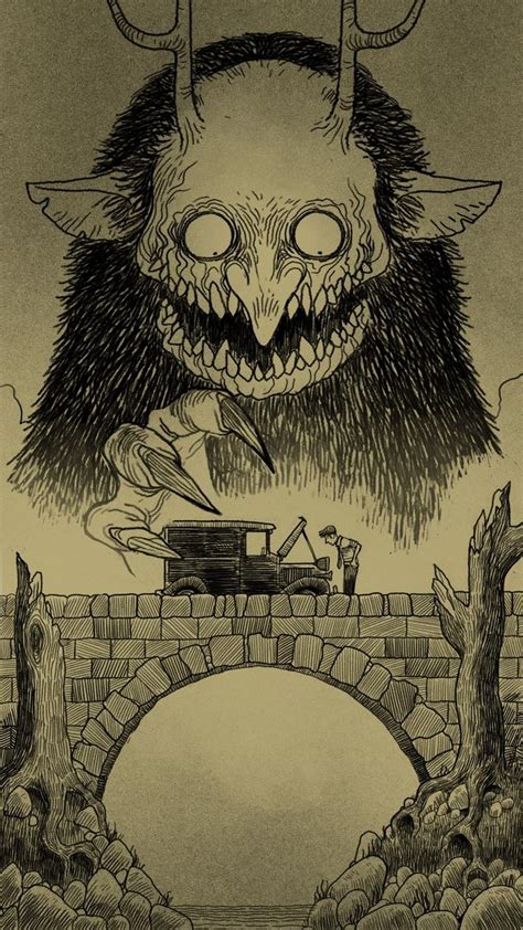 An Image Of A Drawing Of A Monster On A Bridge