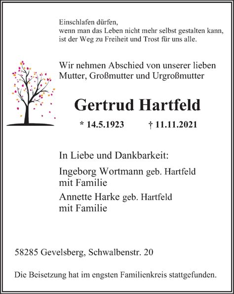 Traueranzeigen Von Gertrud Hartfeld Trauer In Nrwde
