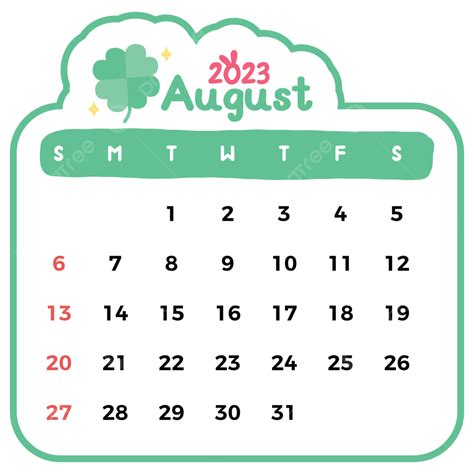 Cute Calendar August 2023 Vector Illustration August 2023 August