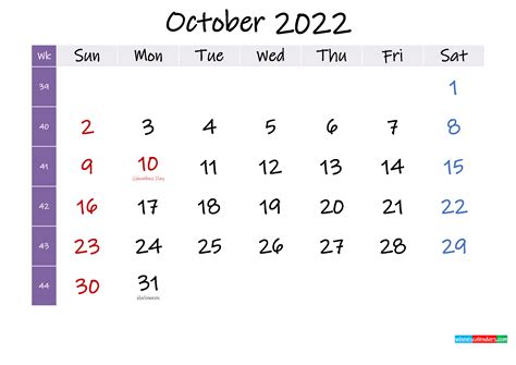 October 2022 Free Printable Calendar With Holidays Template K22m394
