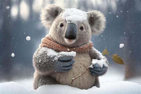 Koala In Winter Sits In The Snow With Snowflakes Ai Generated Content