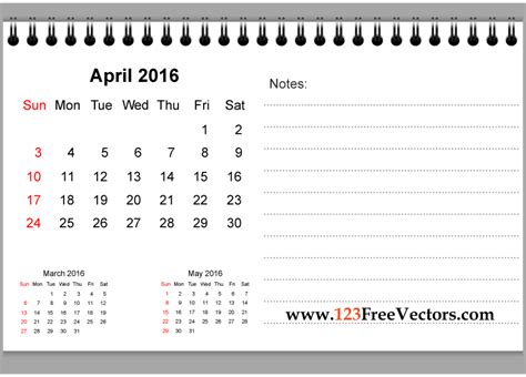 April 2016 Printable Calendar With Notes Download Free Vector Art