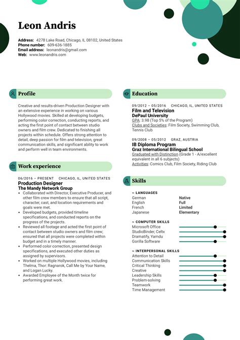 Create the best version of your graphic designer resume. Production Designer Resume Example | Kickresume
