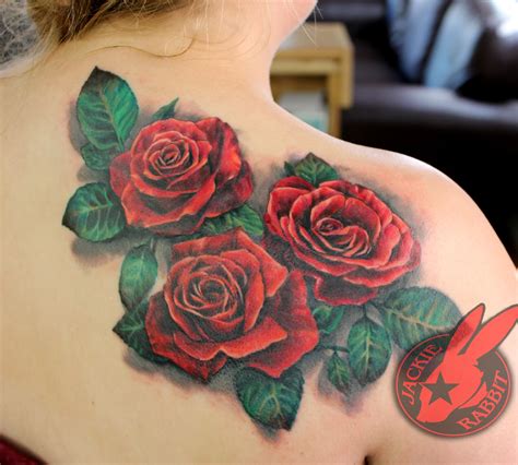Red Rose Realistic 3d Flower Color Back Tattoo By Jackie Rabbit Custom