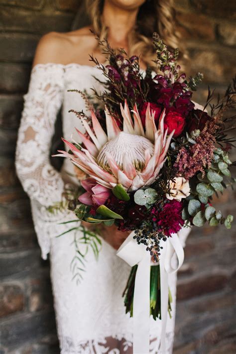 Blush And Burgundy Bouquet With Giant King Protea Wedding Flower Guide