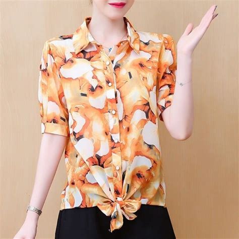 floral printed chiffon blouses women short sleeve shirt 2022 summer tops korean office lace up