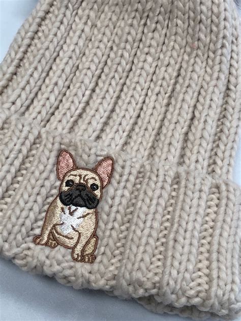 Premium French Bulldog Bobble Beanie Hat Ladies Embroidered Etsy