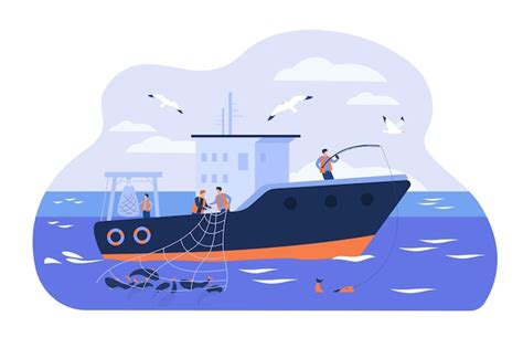 Free Vector Professional Fishermen Working In Vessel Isolated Flat