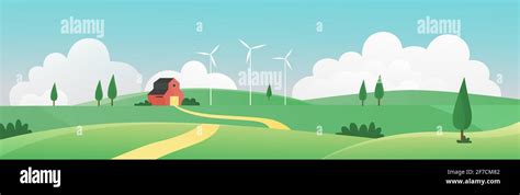 Farm Summer Wide Panorama Landscape Vector Illustration Cartoon