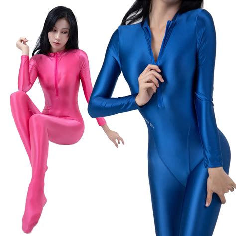 Amoresy Front Zipper Full Length Oil Tights Shiny Smooth Sexy Women Overall Yoga Zentai Playsuit