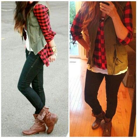 Red And Black Flannel Black Jeans Olive Military Vest White T Shirt