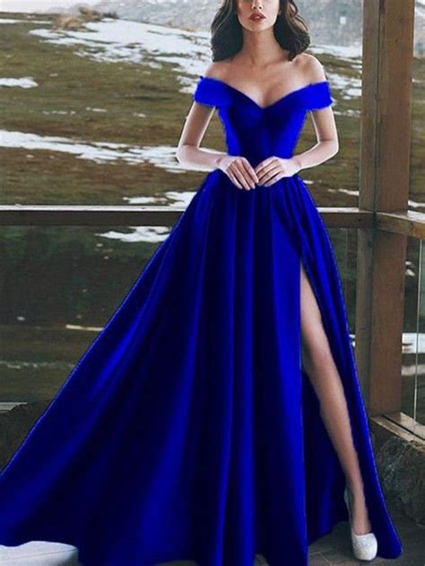 A Line Royal Blue Floor Length Ruffles Satin Prom Dresses Evening