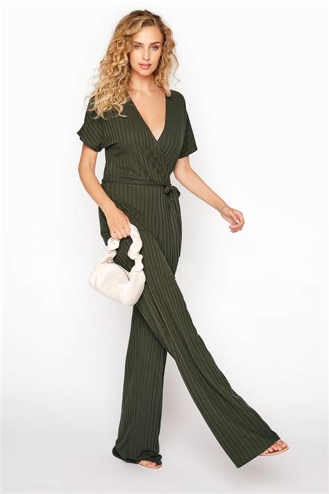 Lts Khaki Ribbed Wrap Jumpsuit Long Tall Sally