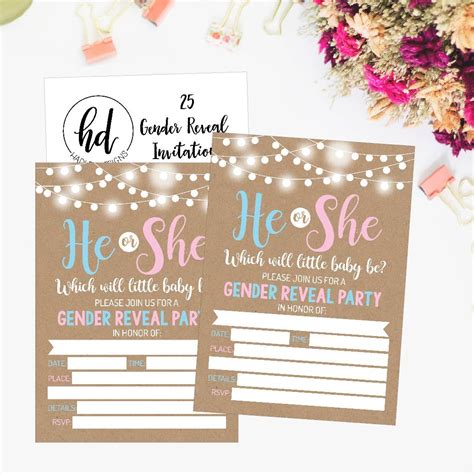 25 Rustic Gender Reveal Baby Shower Party Invitation Cards Kraft Pink