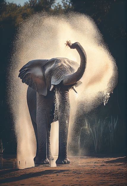 Premium Photo Elephant Spraying Water From Its Trunk In A Playful Manner Generative Ai