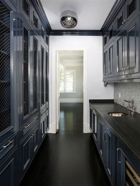 Elegant Blue Kitchen And Butlers Pantry With Ebony Floors