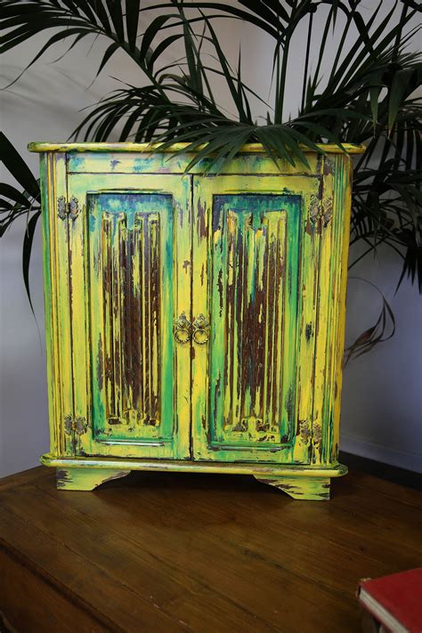 Amazing Hand Painted Unique Mustard And Green Corner Cabinet Blue