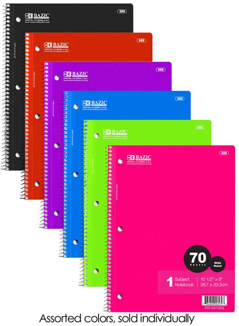 Spiral Bound Wide Ruled 1 Subject Notebook 70 Sheets Bazic Products