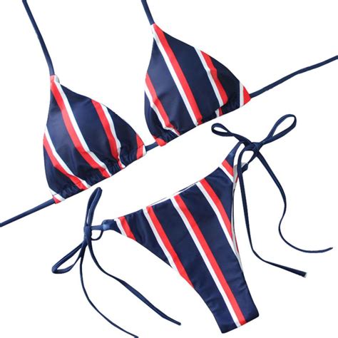 Snowshine3 Ylw Sexy Women Stripe Bandage Padded Bra Beach Halter Bikini Set Swimwer In Bikinis