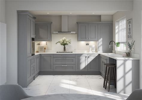 The use of open shelving on the walls and inside the island gives numerous storage options as well as a place to display prized pieces. Second Nature's Mornington Shaker kitchen in Dust Grey in 2020 | Grey kitchen interior ...