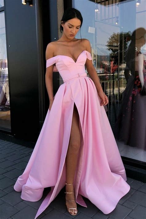 Buy Simple Off The Shoulder Satin Pink Long Prom Dress With Slit Op661