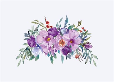 Watercolor Purple Magnolia And Rose Flowers Arrangements Clipart By