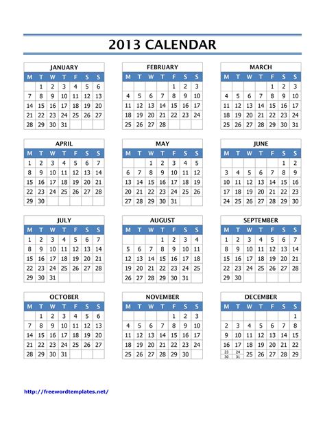 2013 Calendar Free Microsoft Word Templates