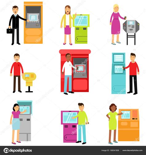 People Doing Atm Machine Money Deposit Or Withdrawal Set Man And Woman