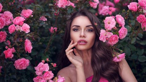 349988 brunette face flower girl lipstick model pink flower rose rose bush woman 4k