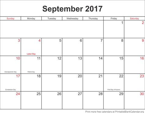 September 2017 Free Printable Calendar Printable Blank